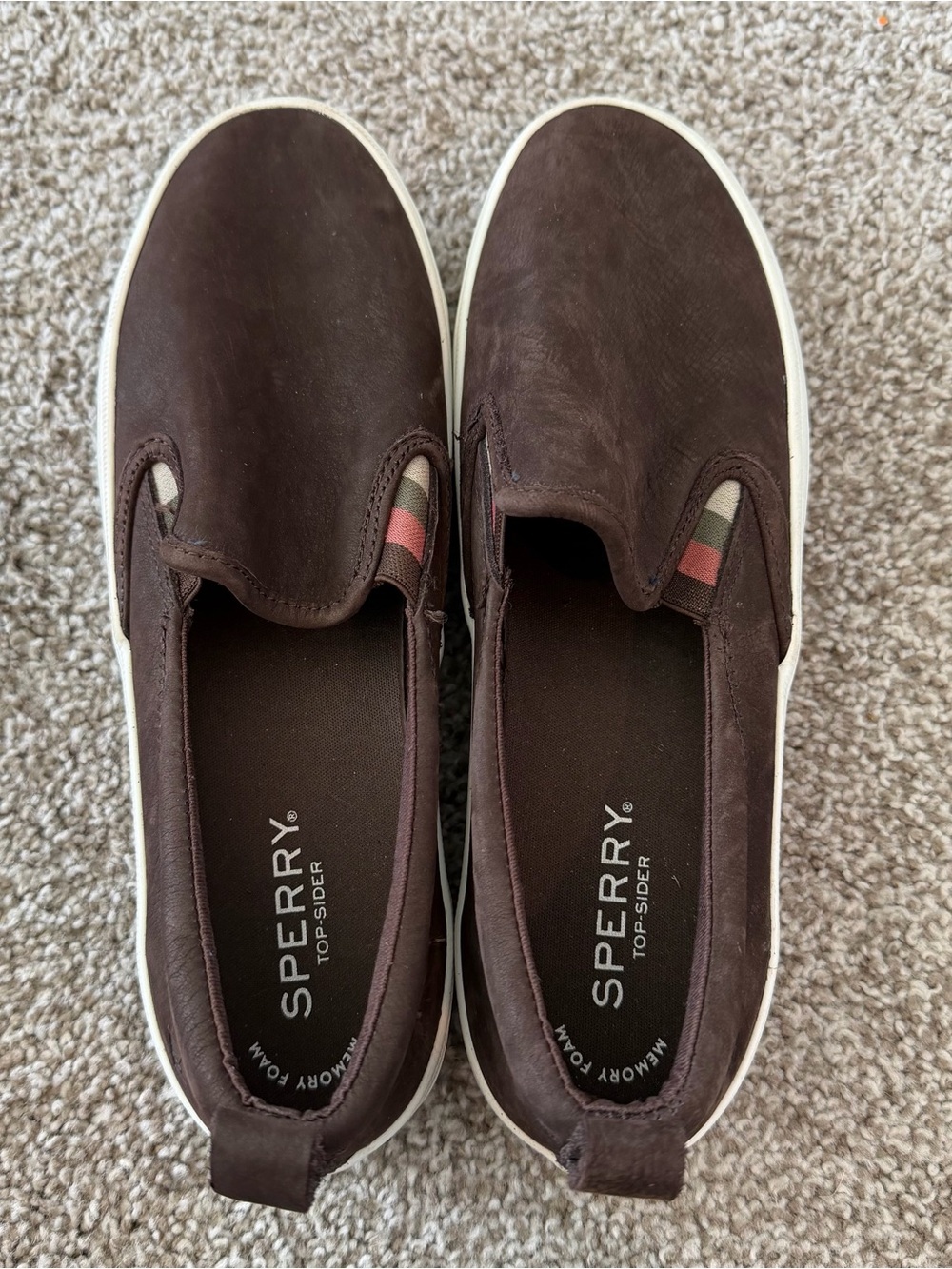Sperry Women’s Dark Brown Leather Slip-On Loafers with White Stripes Sole